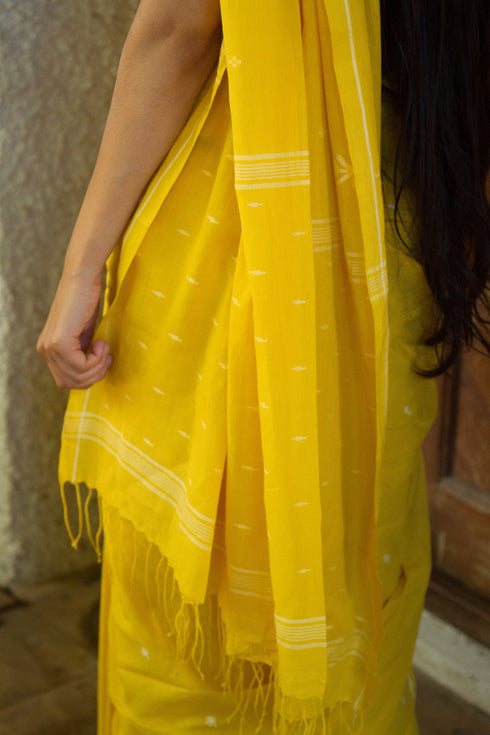Handwoven Yellow Bengal Jamdani Saree
